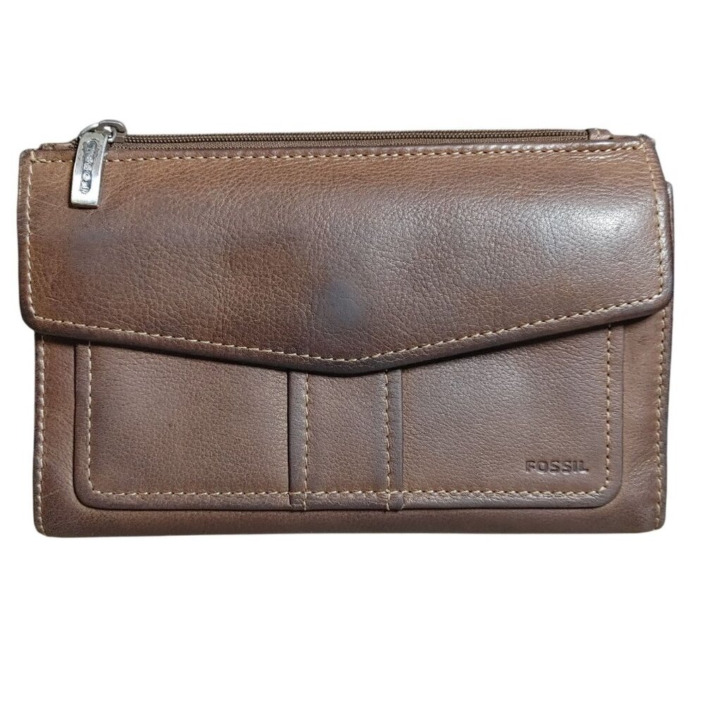 Fossil Brown Leather Wallet Clutch Multiple Slots Snap Zip Closures Organizer
